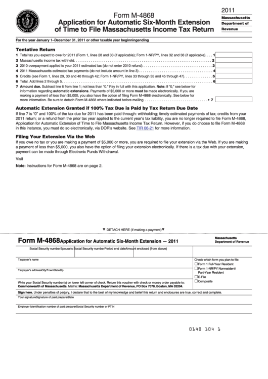 Form M-4868 - Application For Automatic Six-Month Extension Of Time To File Massachusetts Income Tax Return Printable pdf