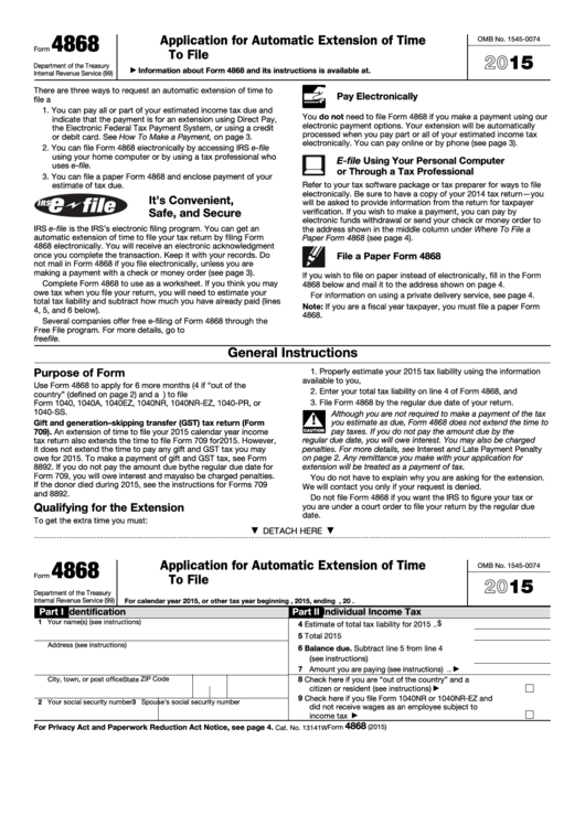 Fillable 2015 Form 4868 Printable pdf