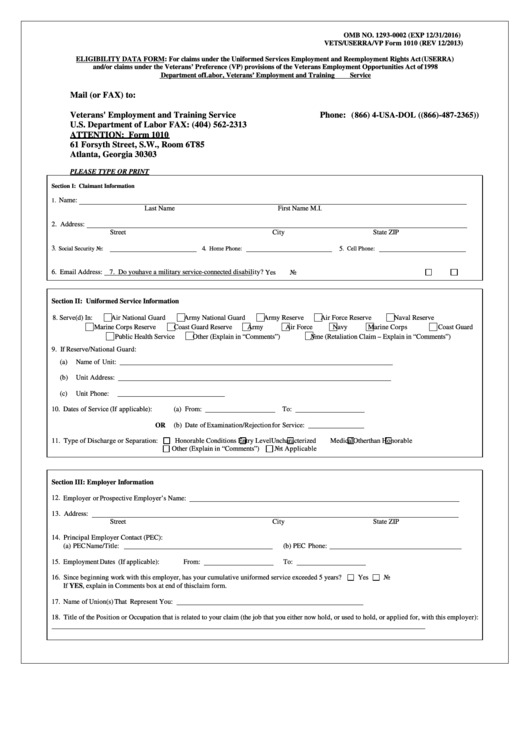 Fillable U.s. Dol Vets Form 1010 - Omb No. 1293-0002 Printable pdf