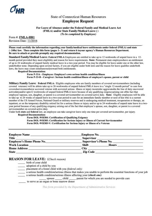 Fillable Employee Request For Leave Of Absence Under The Federal Family And Medical Leave Act - State Of Connecticut Human Resources Printable pdf