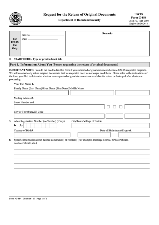 Fillable Uscis Form G-884 - Request For The Return Of Original Documents Printable pdf