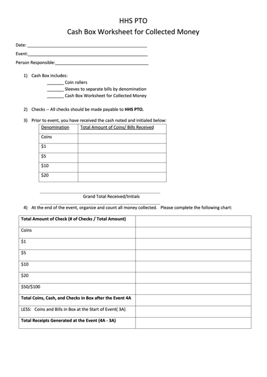 Cash Box Worksheet For Collected Money Printable pdf