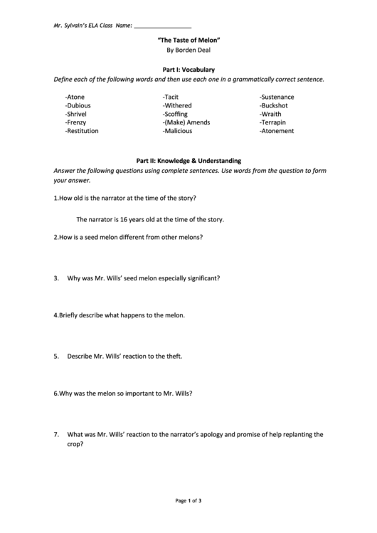 The Taste Of Melon Worksheets Printable pdf