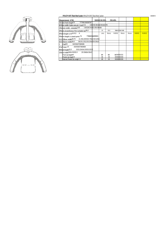 N9a274 M's Third Reef Jacket Size Chart