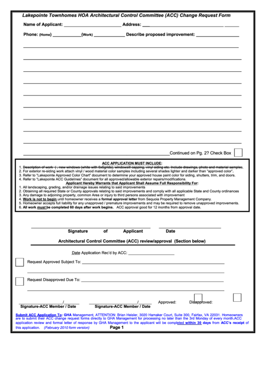 Lakepointe Townhomes Hoa Architectural Control Committee (Acc) Change Request Form Printable pdf