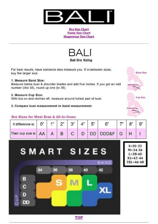 Bali Bra Size Chart printable pdf download