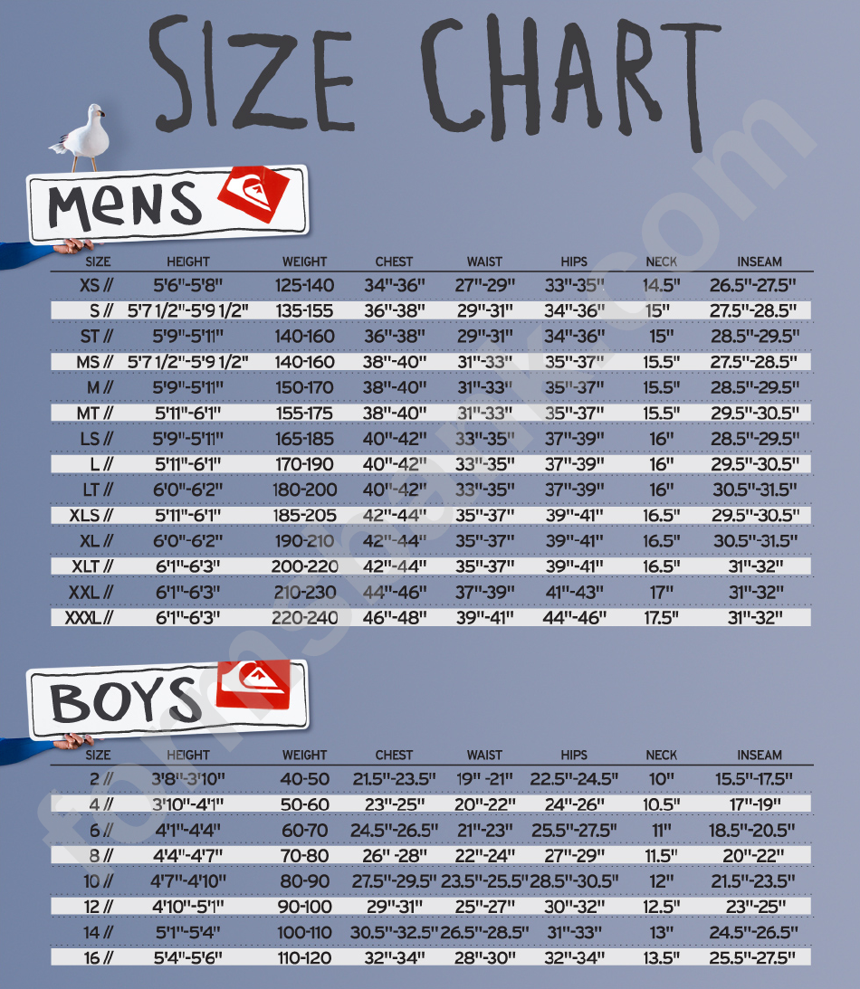 Quiksilver Wetsuit Size Chart printable pdf download