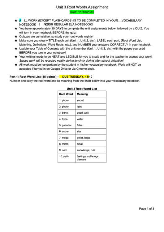 Root Words Assignment Printable pdf