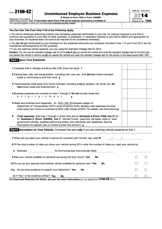 Fillable Form 2106-Ez - Unreimbursed Employee Business Expenses - 2014 Printable pdf