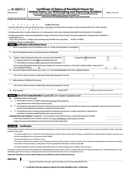 Fillable Form W-8ben-E - Certificate Of Status Of Beneficial Owner For United States Tax Withholding And Reporting (Entities) - 2014 Printable pdf