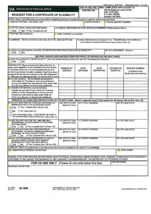 Va Form 26 1880 Request For A Certificate Of Eligibility Printable 