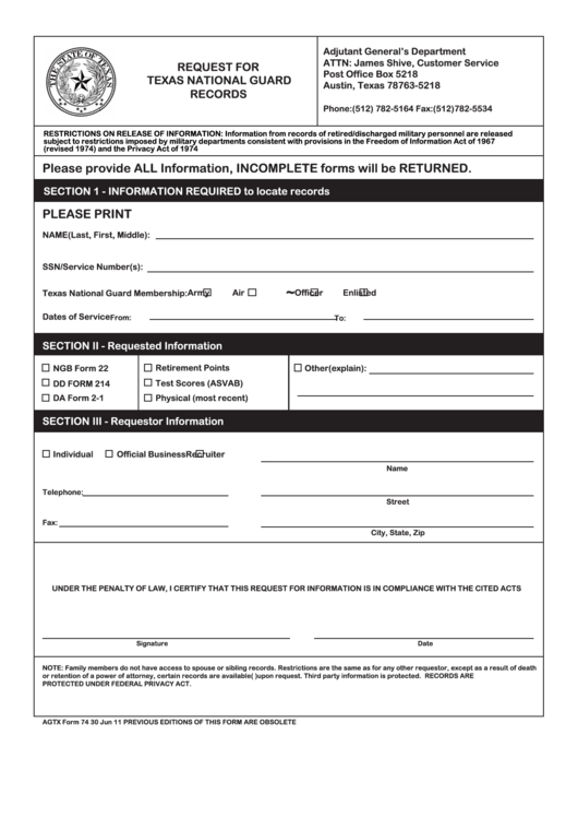 Fillable Request For Texas National Guard Records printable pdf download