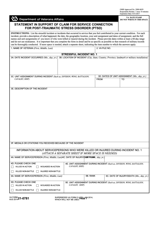 Va Form 21-0781 - Statement In Support Of Claim For Service Connection For Post-traumatic Stress Disorder (ptsd)
