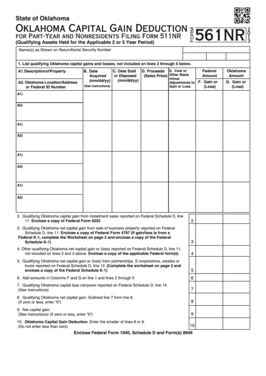 Fillable Form 561nr - Oklahoma Capital Gain Deduction - 2013 Printable pdf