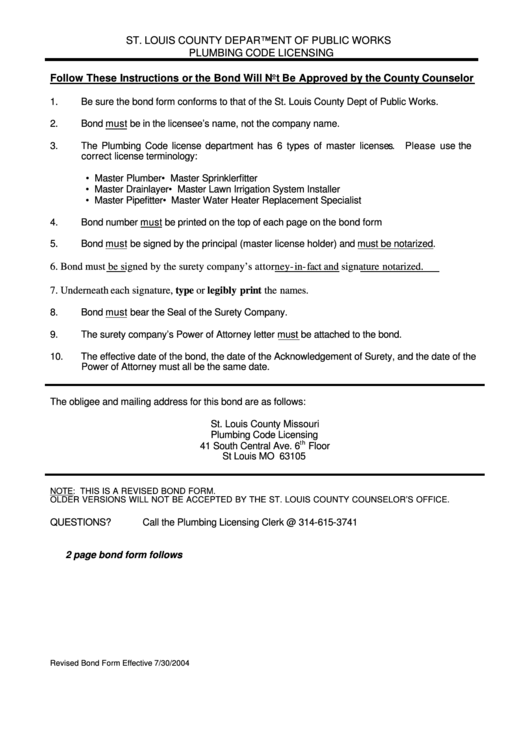 St. Louis County Department Of Public Works Plumbing Code Licensing Printable pdf