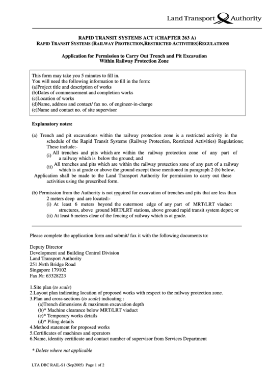 Application For Permission To Carry Out Trench And Pit Excavation Within Railway Protection Zone Printable pdf