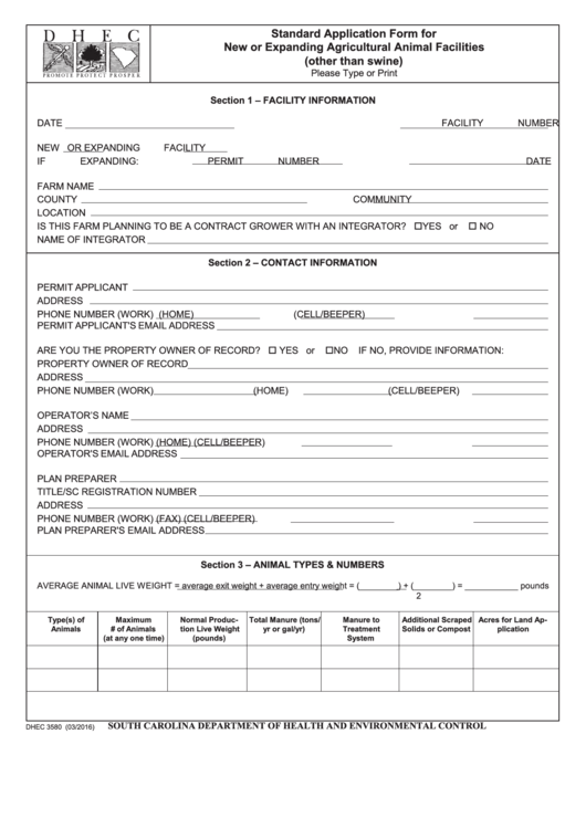 Fillable Form Dhec 3580 - Standard Application Form For New Or Expanding Agricultural Animal Facilities (Other Than Swine) Printable pdf