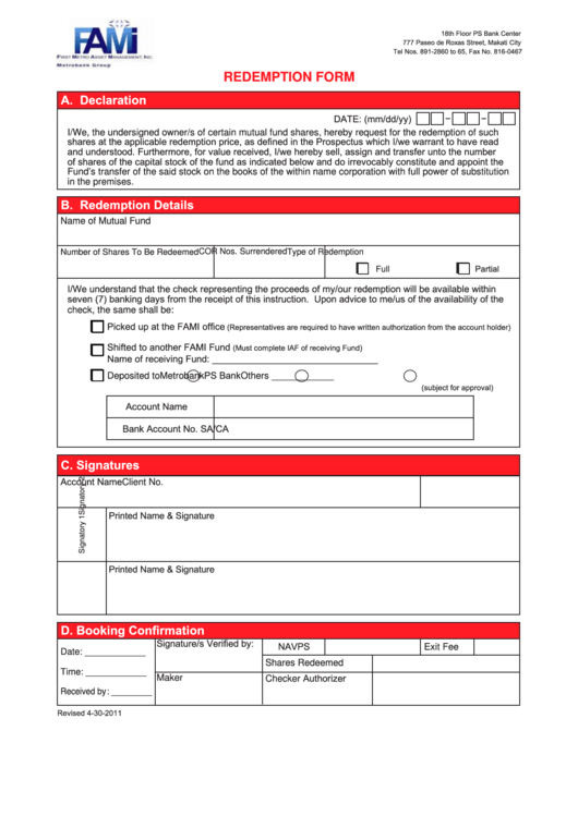 Redemption Form First Metro Asset Management Printable pdf