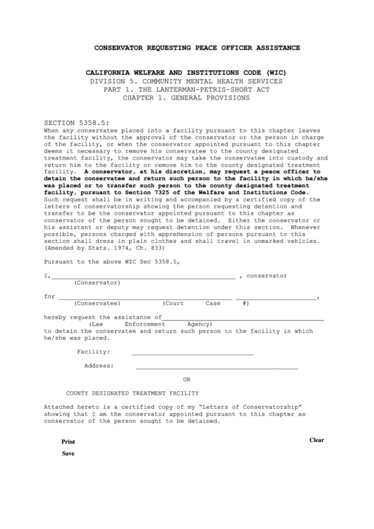 Fillable Conservator Requesting Peace Officer Assistance Printable pdf