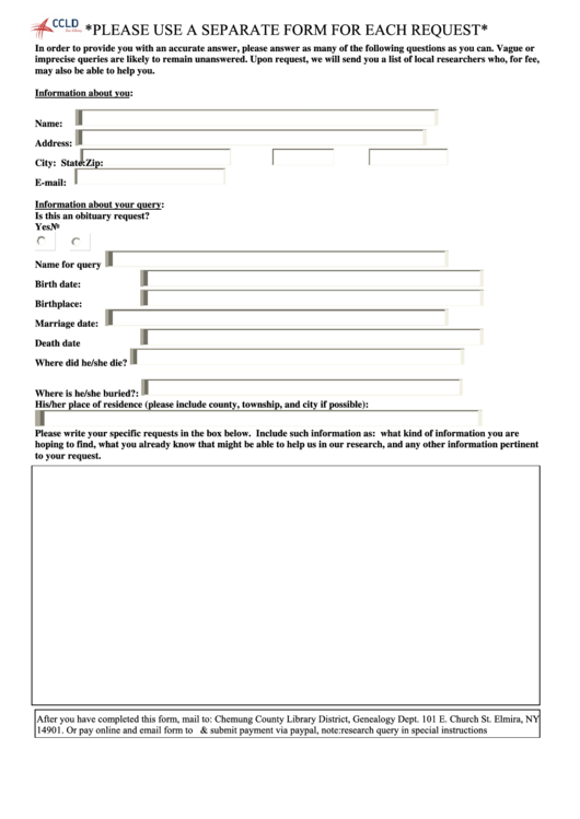 Fillable Genealogical Submission Form - Chemung County Library District Printable pdf