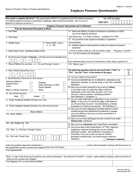 Fillable Atf Form 5400.28 - Employee Possessor Questionnaire - U.s. Department Of Justice, Bureau Of Alcohol, Tobacco, Firearms And Explosives Printable pdf