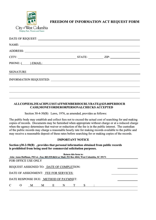 Freedom Of Information Act Request Form - City Of West Columbia Printable pdf