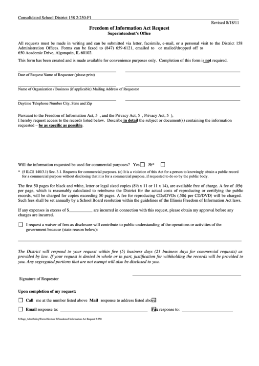 Fillable Freedom Of Information Act Request Form - District 158 Printable pdf