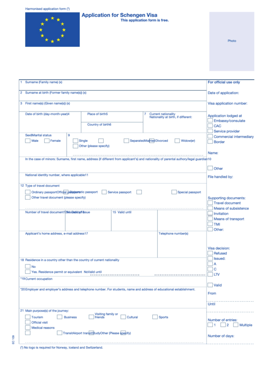 Fillable Application Form For Schengen Visa Printable pdf