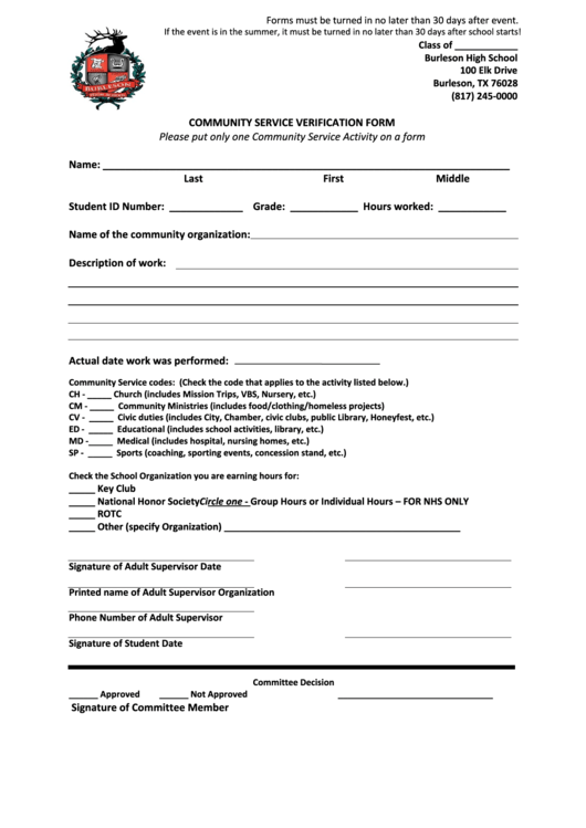 Community Service Form - Burleson High School Printable pdf