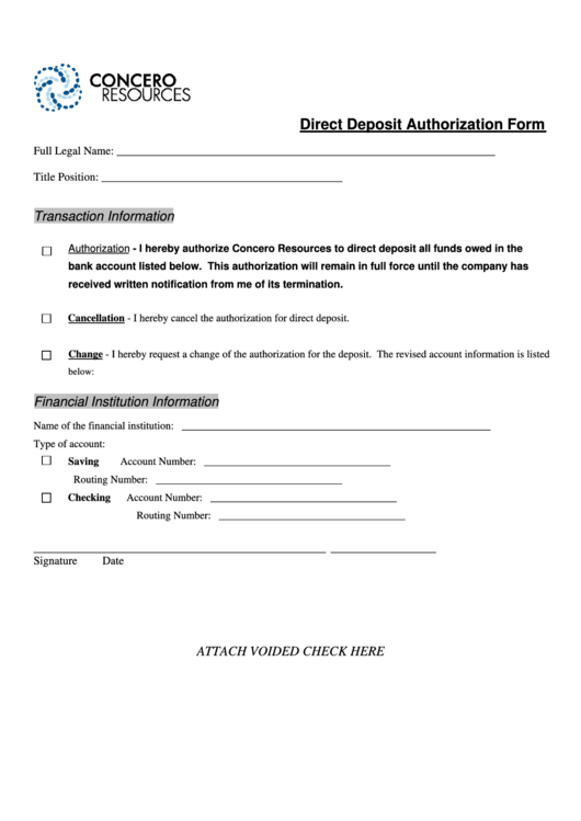 Direct Deposit Authorization Form - Concero Resources Printable pdf