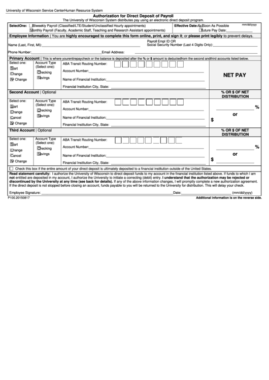 Fillable Authorization For Direct Deposit Of Payroll Form Printable pdf