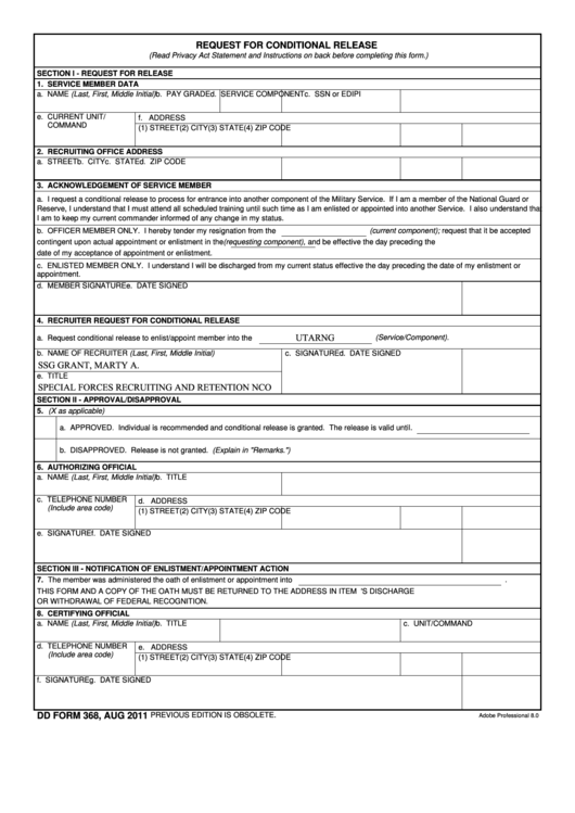 Fillable Dd Form 0368, Request For Conditional Release, August 2011 Printable pdf