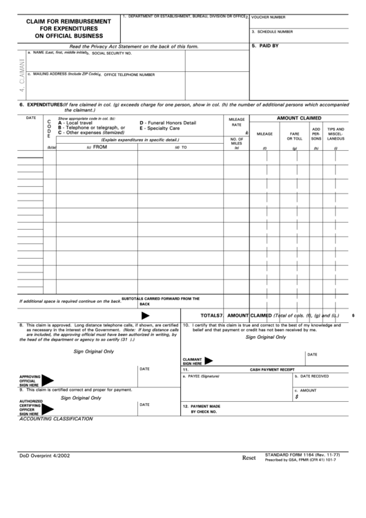 Fillable Standard Form 1164 - Claim For Reimbursement For Expenditures On Official Business Printable pdf
