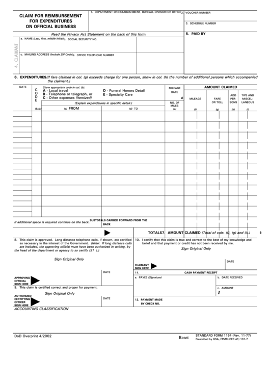 Fillable Standard Form 1164 Claim For Reimbursement For Expenditures On Official Business