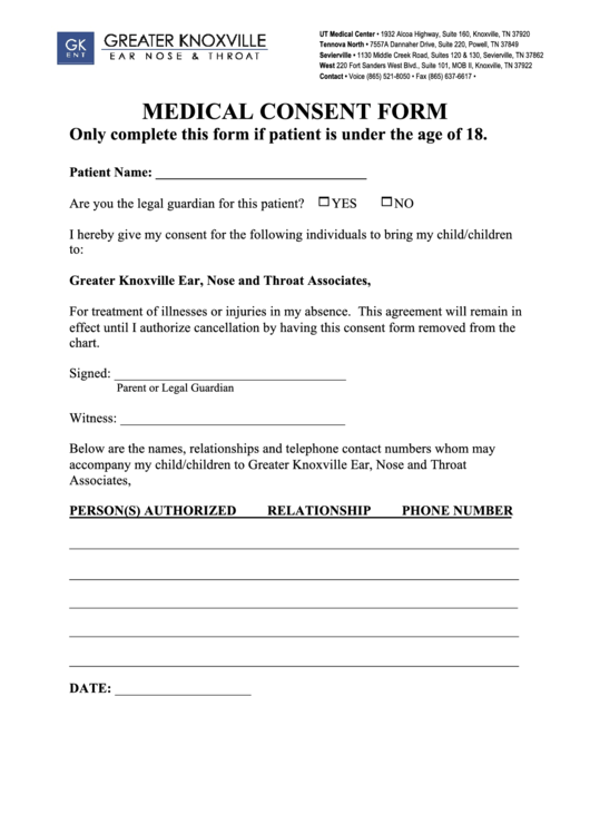 Medical Consent Form - Greater Knoxville Ear, Nose & Throat Printable pdf