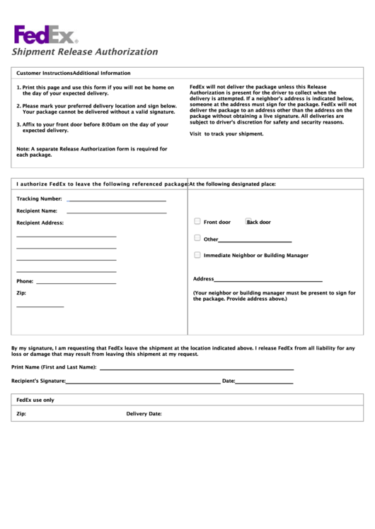 Fillable Fedex Shipment Signature Release Form - Release Forms Printable pdf