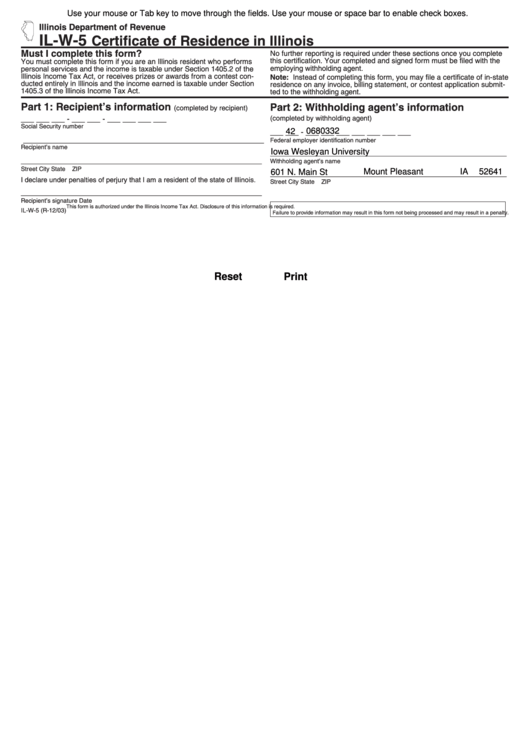 Fillable Form Il-W-5 - Cert Il Residence - Iowa Wesleyan University Printable pdf