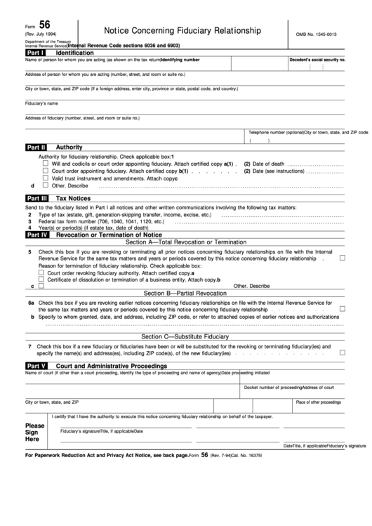 Form 56 - Notice Concerning Fiduciary Relationship Printable pdf