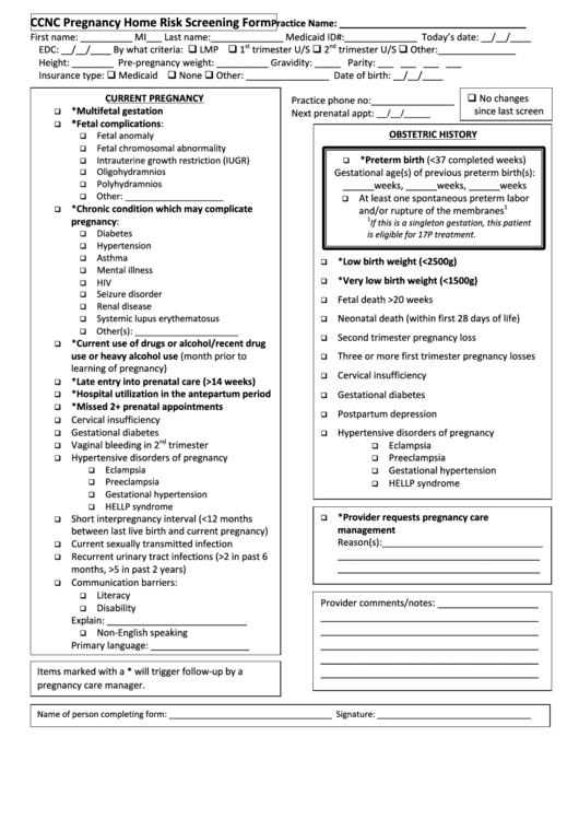 Ccnc Pregnancy Home Risk Screening Form - 1st Ob Visit Printable pdf