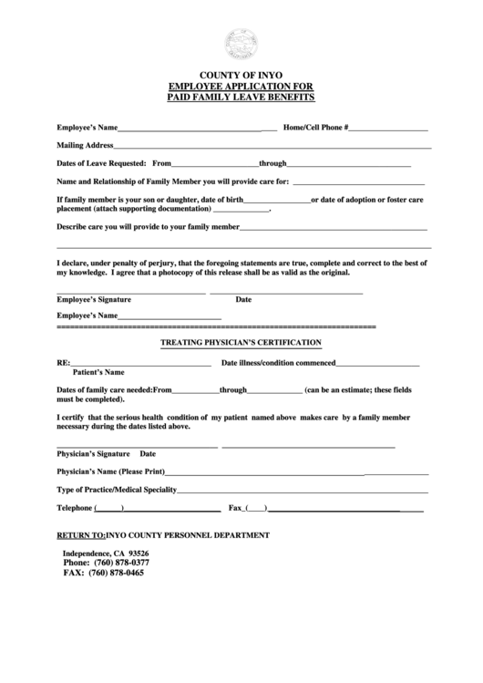 Paid Family Leave Claim Form Inyo County printable pdf download