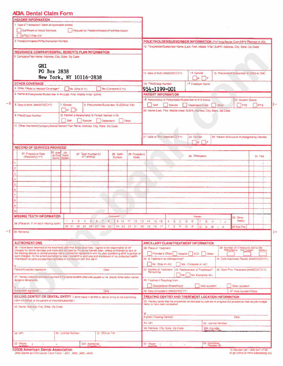 Free Printable Ada Dental Claim Form