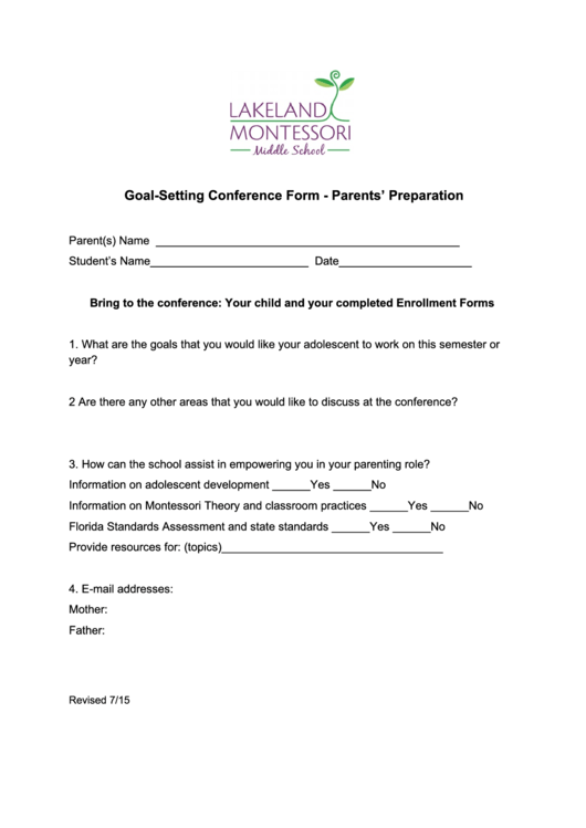 Goalsetting Conference Form - Parent Preparation Printable pdf