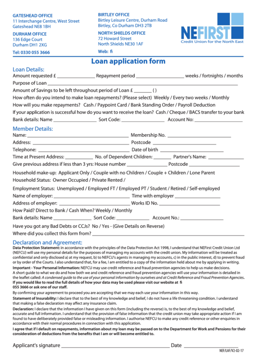 Loan Application Form V2-02-17 - Ne First Credit Union Printable pdf