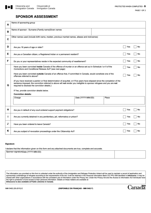 Fillable Imm 5492 E - Sponsor Assessment Printable pdf