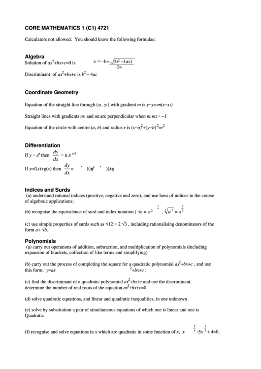 Core Mathematics Worksheet Printable pdf
