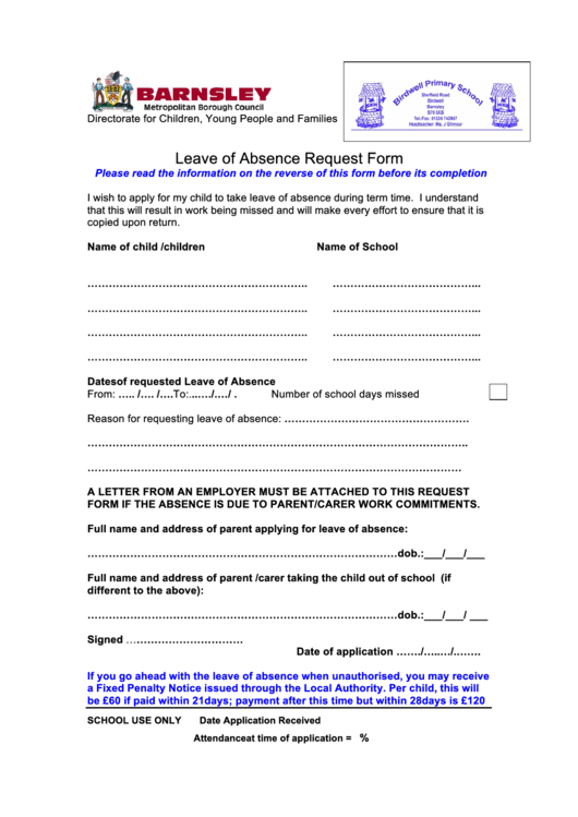 Leave Of Absence Request Form - Birdwell Primary School Printable pdf