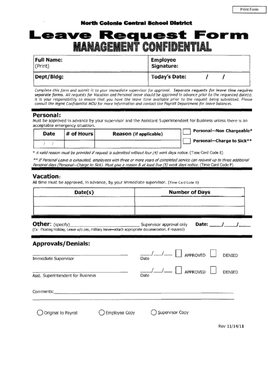 Leave Request Form - North Colonie Printable pdf