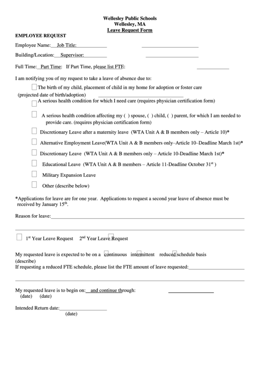 Leave Of Absence Form - Wellesley Public Schools Printable pdf