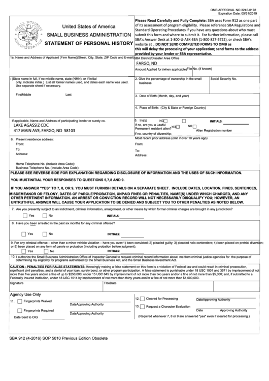 Fillable Usa Sba Form 912 - Small Business Administration Statement Of Personal History Printable pdf