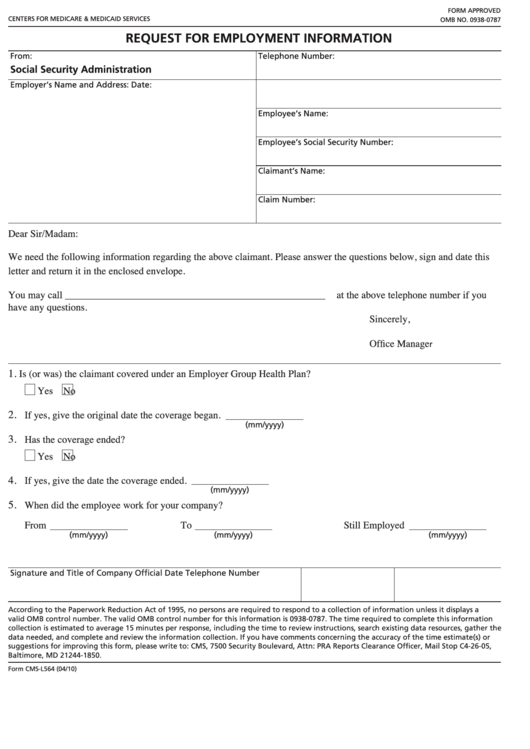 Fillable Form Cms L564 Request For Employment Information Printable Pdf Download